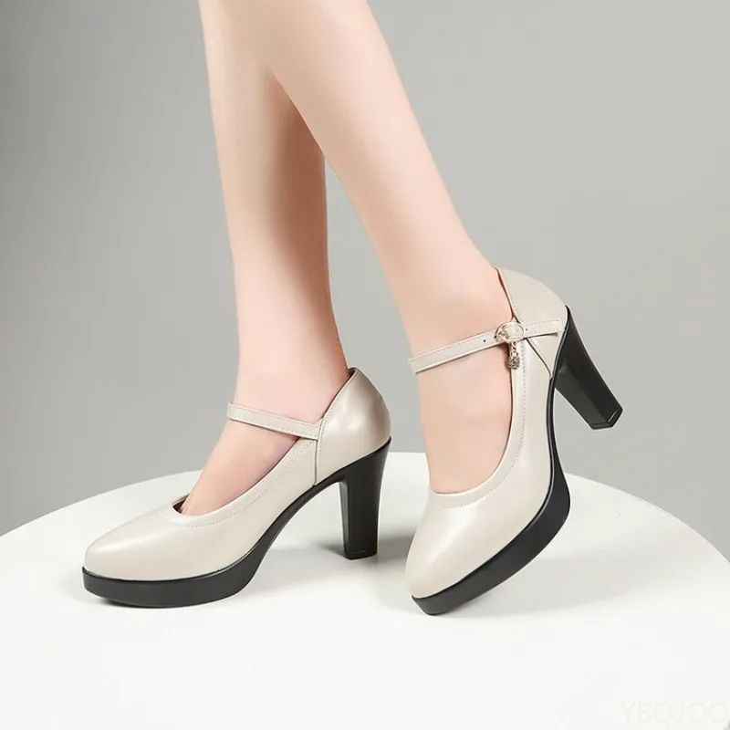 2025 neue lässige runde Kopf grobe Ferse professionelle schwarze Arbeit Damen High Heels One Button Water Diamond Damen Einzelschuhe – Detail 9