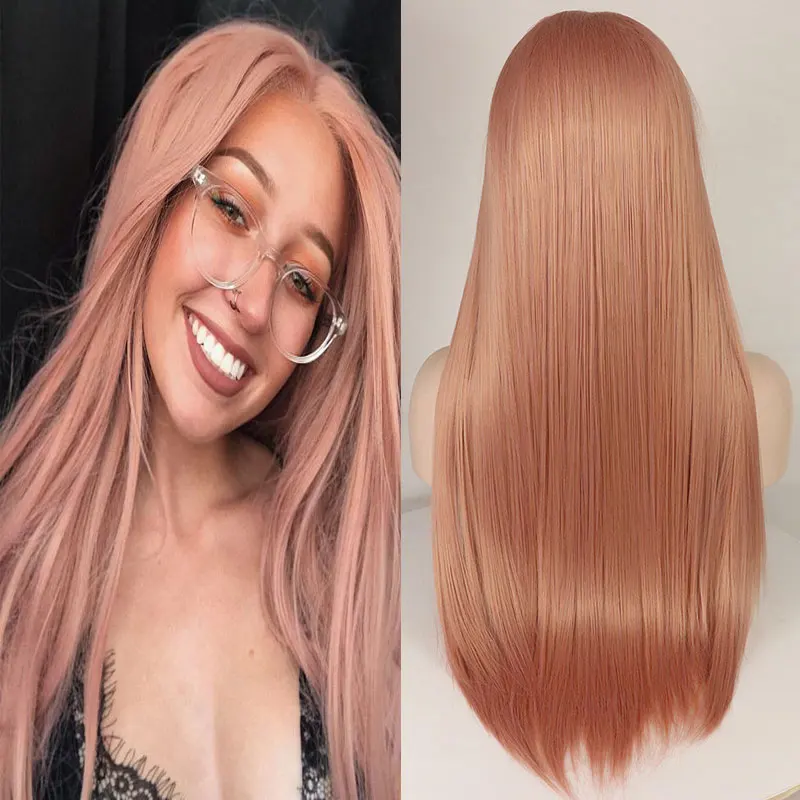 

Bombshell Peach Pink Straight Glueless Synthetic 13X4 Lace Front Wigs High Quality Heat Resistant Fiber Pre Plucked For Women