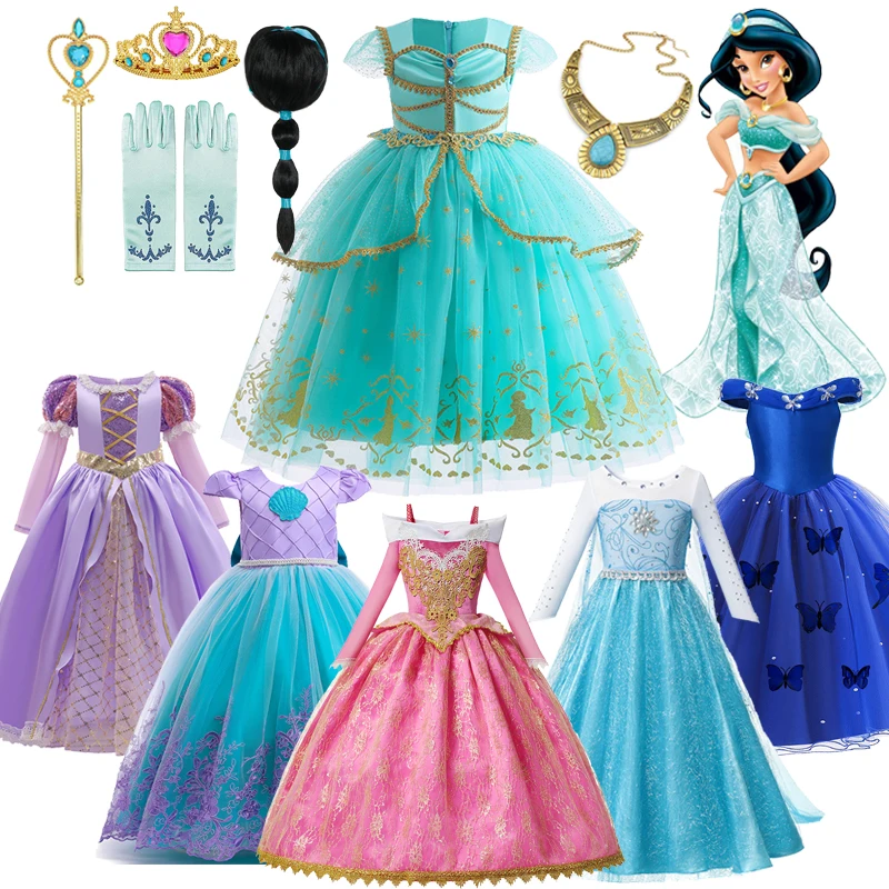 

Disney Jasmine Princess Dress Girls Kids Birthday Party Carnival Clothes Cosplay Aurora Rapunzel Cinderella Mermaid Elsa Costume