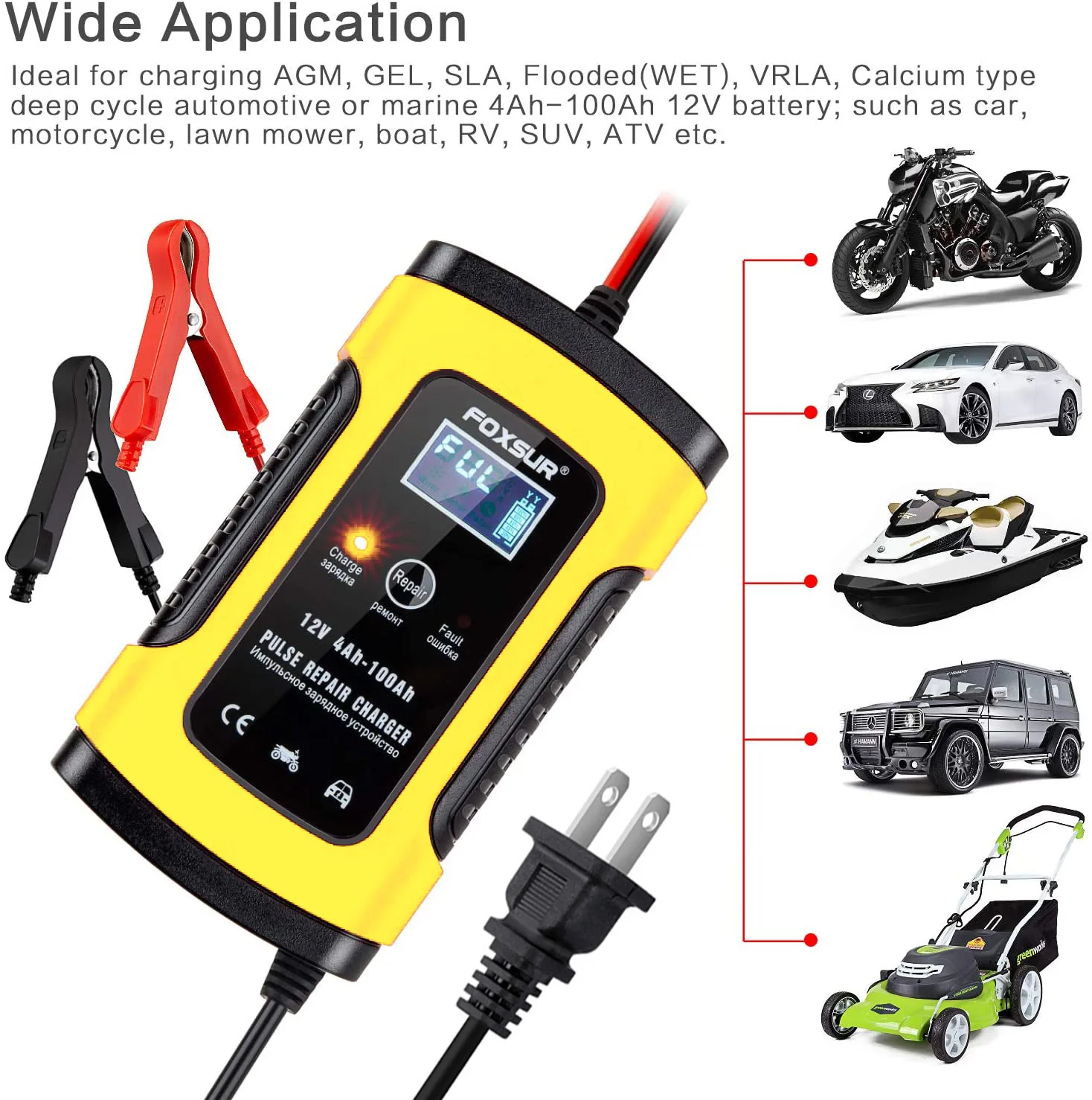 Universal 12V 5A Pulse Repair Smart Charger for Motorcycle Car Battery Charger, 12V AGM GEL WET Lead Acid Battery Charger