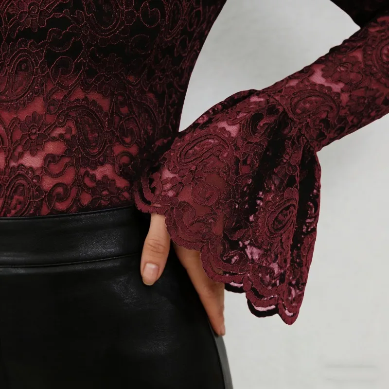 New Spring Elegant Women's Semi-turtleneck Flared Sleeve T-shirt Fashionable Semi-transparent Hollow Long-sleeved Casual Blouse