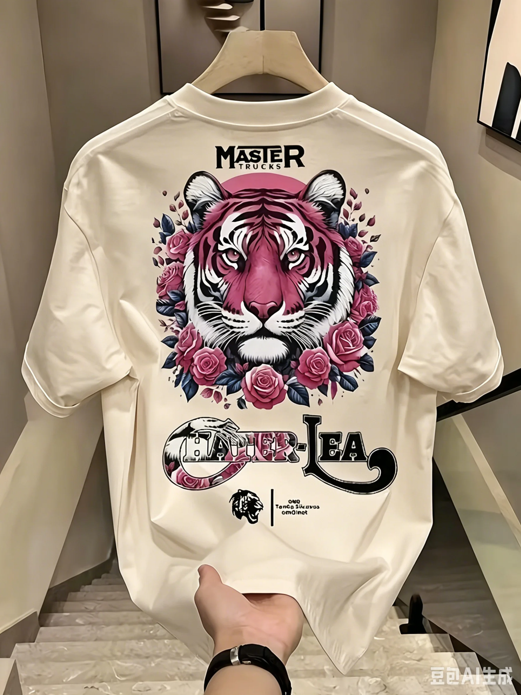 Sommer Herren 100% Baumwolle Lockeres T-Shirt Rosa Tigerkopf Rosen-Blumen Rückendruck Rundhals Kurzarm Streetwear Lässiges Tee-Oberteil