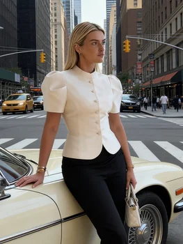 Satin Solid Round Neck Puffer Jacket Short Sleeve Slim Button Front 2026 Spring Retro Elegant Women Blouse Chic Office Lady Coat 1