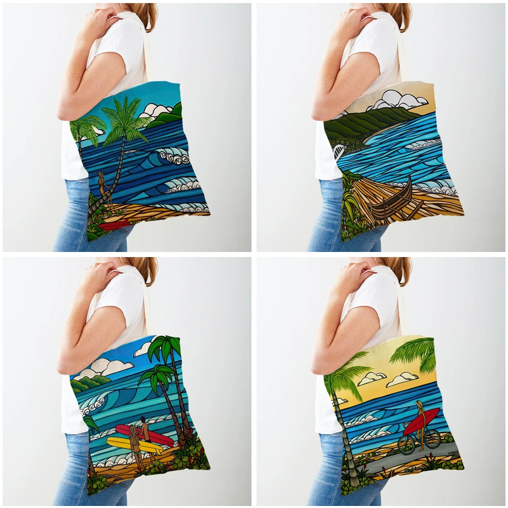 Women Shopping Bags Tote Handbags Casual Canvas Double Print Landscape Hawaiian Islands Beach Surfing