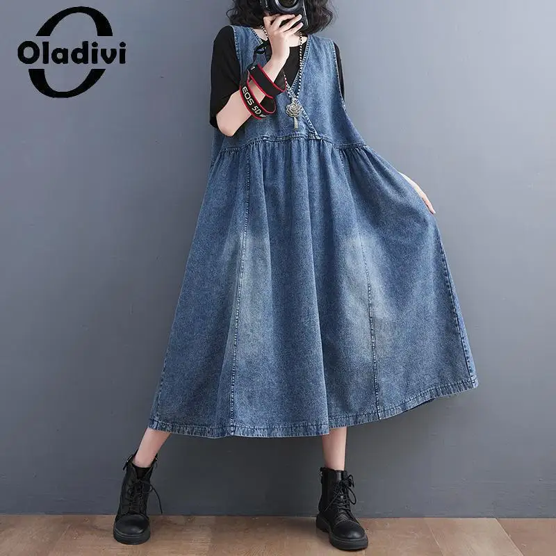 

Oladivi Large Size Women Sleeveless Denim Dress 2023 Summer New Casual Loose Jean Dresses Vintage Ladies Oversized Clothing 381