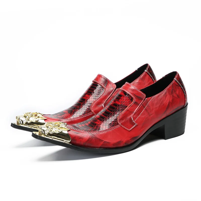 

British Style Luxury Metallic Pointed Toe Red Mens Wedding Shoes High Heels Real Leather Snake Skin Party Oxfords Men