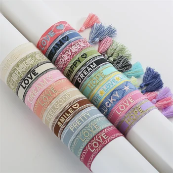 Ethnic Braided Fabric Bracelet for Women Men Love Hope Letter Charm Bracelets Handmade Adjustable Tassel Rope Jewelry