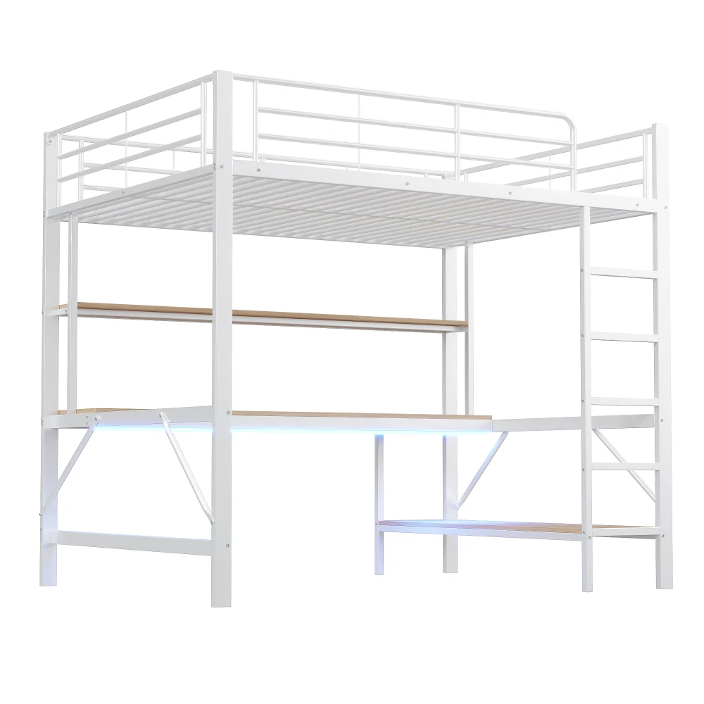 140*200cm Hochbett, mit mehrschichtigem Trennregal und Schreibtisch, Metallbett mit USB und Steckdose, mit LED-Leuchten, (ohne Matratze) – Detail 39