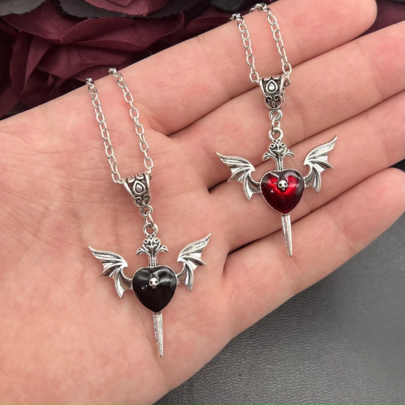 1pcs Punk Cross Skull Enamel Peach Heart Necklace Devil's Winged