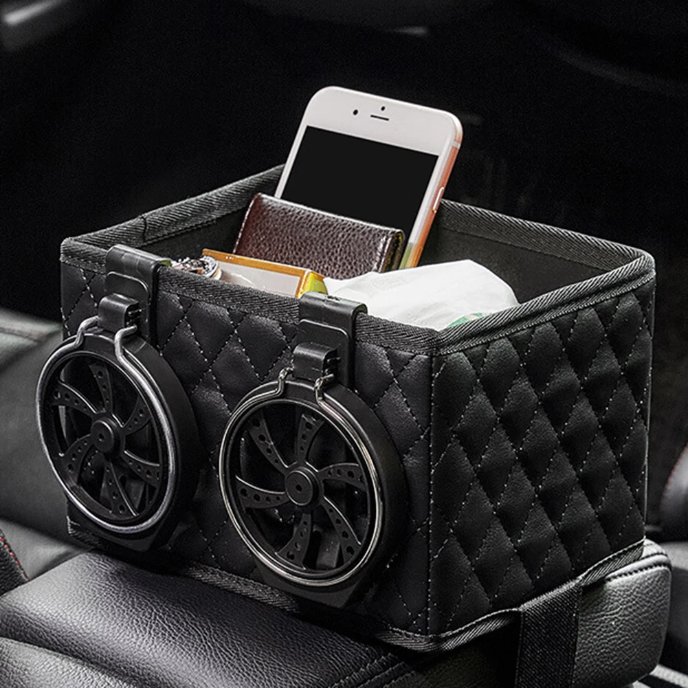 

Car Armrest Storage Box Microfiber Leather Multifunctional Tissue Holder with Folding Water Cup Holders Auto Interior Organizer