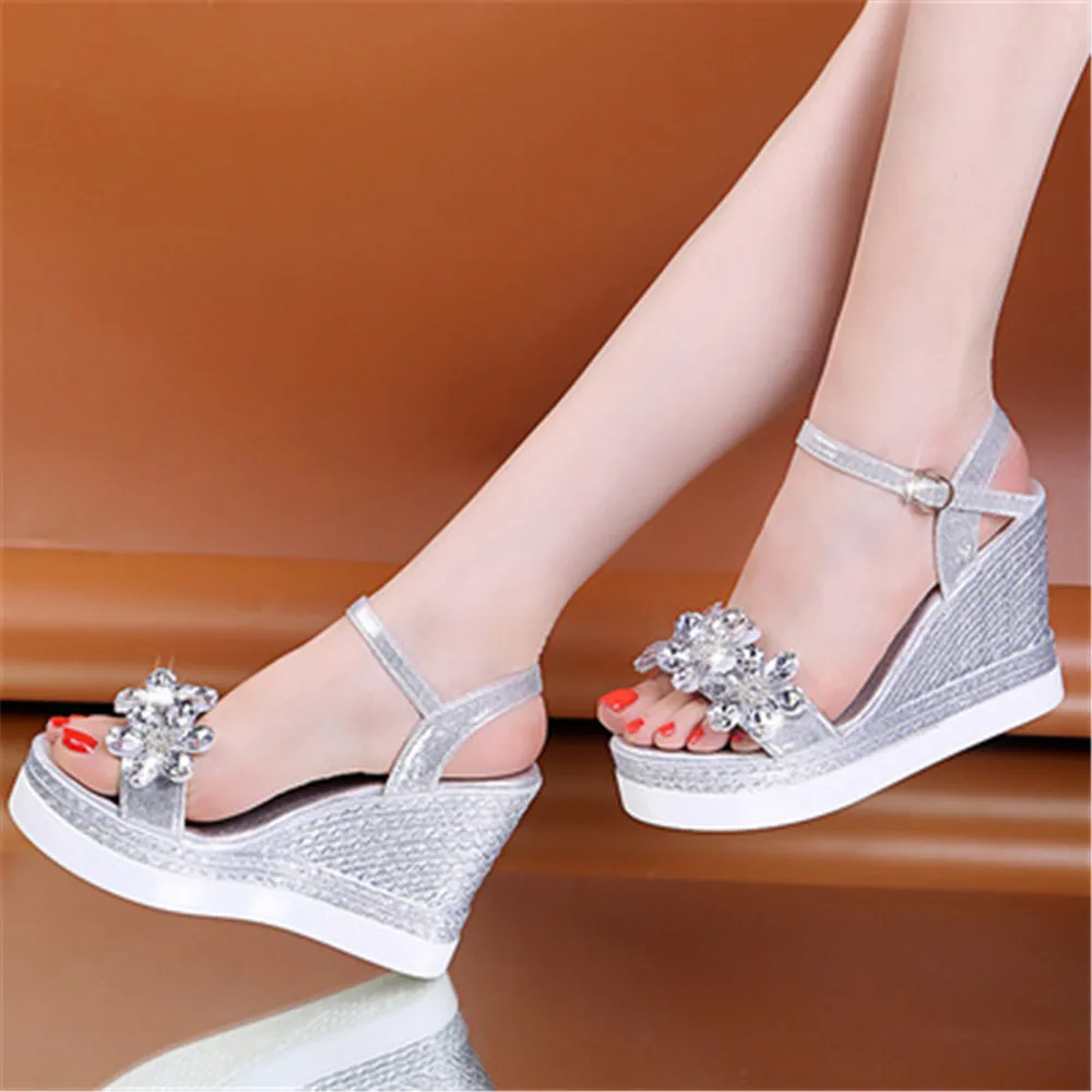 Women High Heels Platform High Heels Sandals Ankle Buckle Sandals Female Ankle Strap Buckle Rhinestone Crystal Sandals Summer Women Round Toe High Heels Fashion Ladies Wedges Shoes Gold