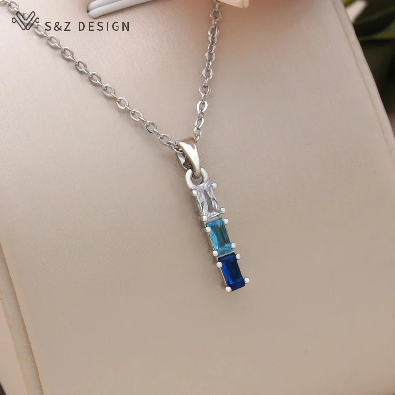 S&Z DESIGN New Fashion Rectangle Gradation Cubic Zirconia Pendant Necklace For Women Party 585 Rose Gold Color Jewelry Gift