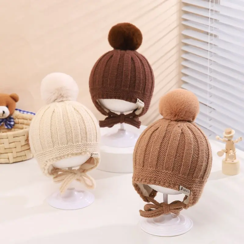 

Pompom Baby Winter Hats For Kids Autumn Winter Solid Color Thicken Toddler Knit Earmuffs Caps Kids Outdoor Ear Protection Beanie