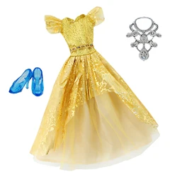 Elegant Golden Princess Doll Gown Set with Blue Crystal Accessories (Golden Dress)
