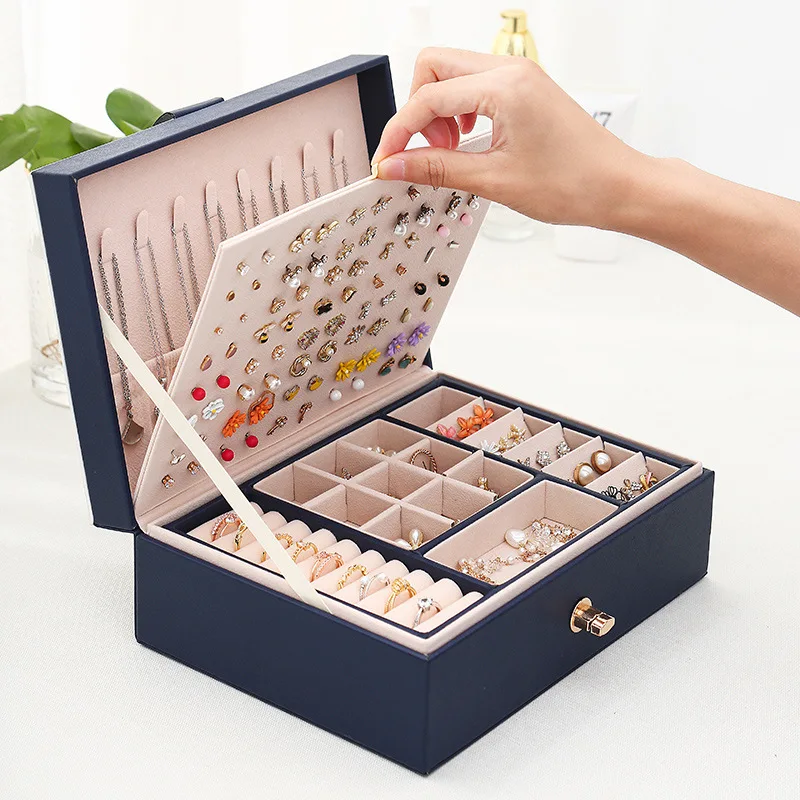 

Two layers leather ornaments Storage Box Desktop Dustproof Can Be Superimposed To Organize Necklace Earring Ring Rack Organizer