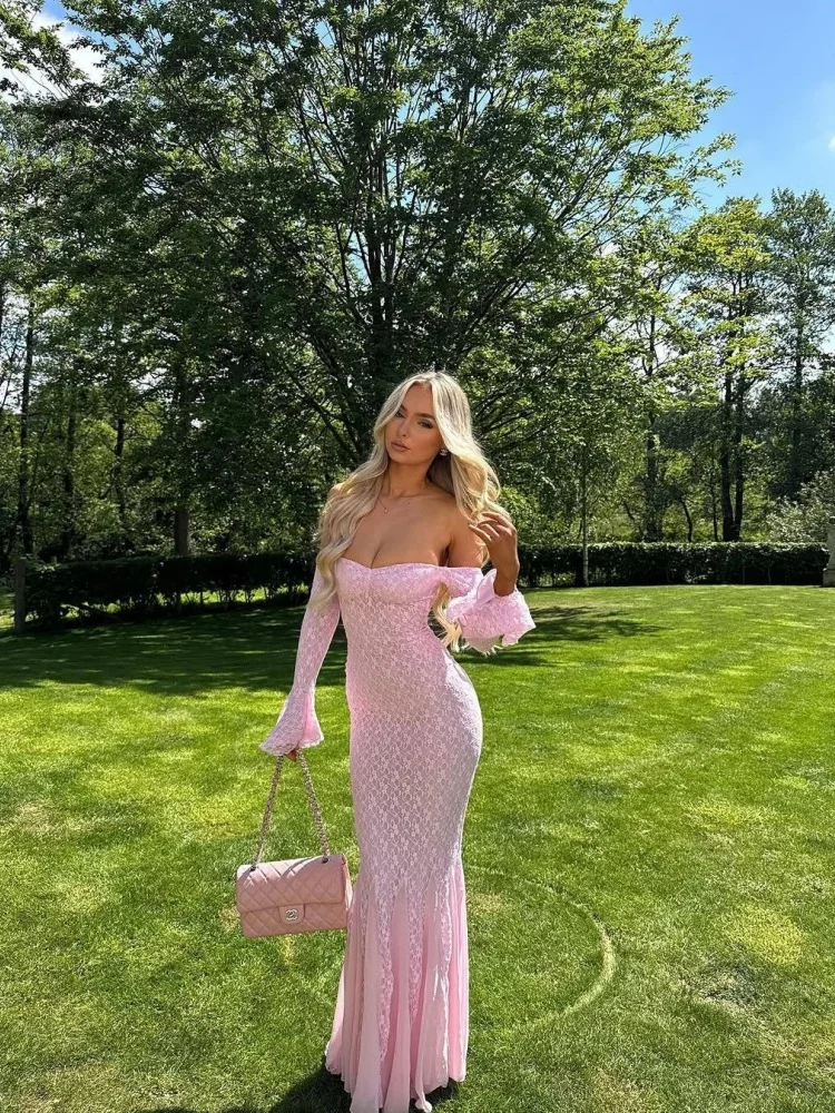 Wmstar Dress Women Wholesale of Fashionable Sexy Clothing Flared Sleeve Strapless One Shoulder Mesh Lace Fishtail Summer 2025