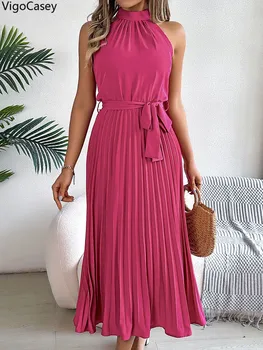VigoCasey 2025 Female Summer Solid Sleeveless Long Dress Women Elegant Clud Pleated Dress Sexy Lady Casual Belt Tight Dresses