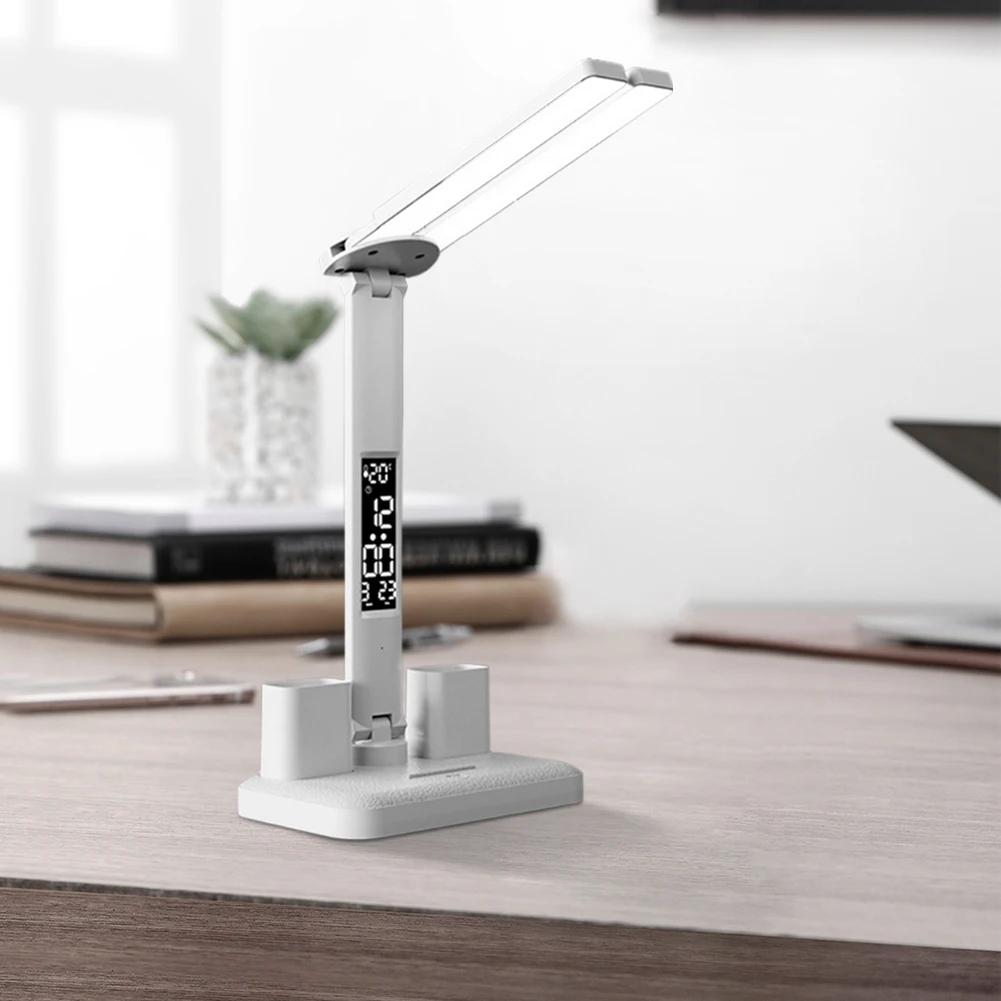 펜꽂이 달력이 있는 LED 시계 테이블 램프, 조도 조절 가능, 눈 보호 독서 야간 조명, 2 헤드 180 회전, 침실 침대 옆