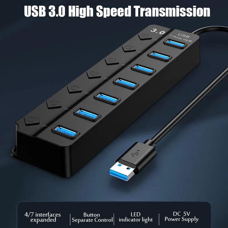 USB Hub 3.0 USB High Speed Splitter 4/7 Ports 5Gbps Hub Power Adapter With On/Off Switch Long Cable With Multiple Expander Hub