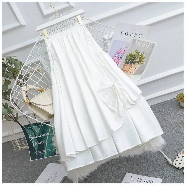 

Irregular elastic high waist White bow pleated skirt Women vintage Drawstring Black Gothic Long Skirts harajuku Korean Fashion