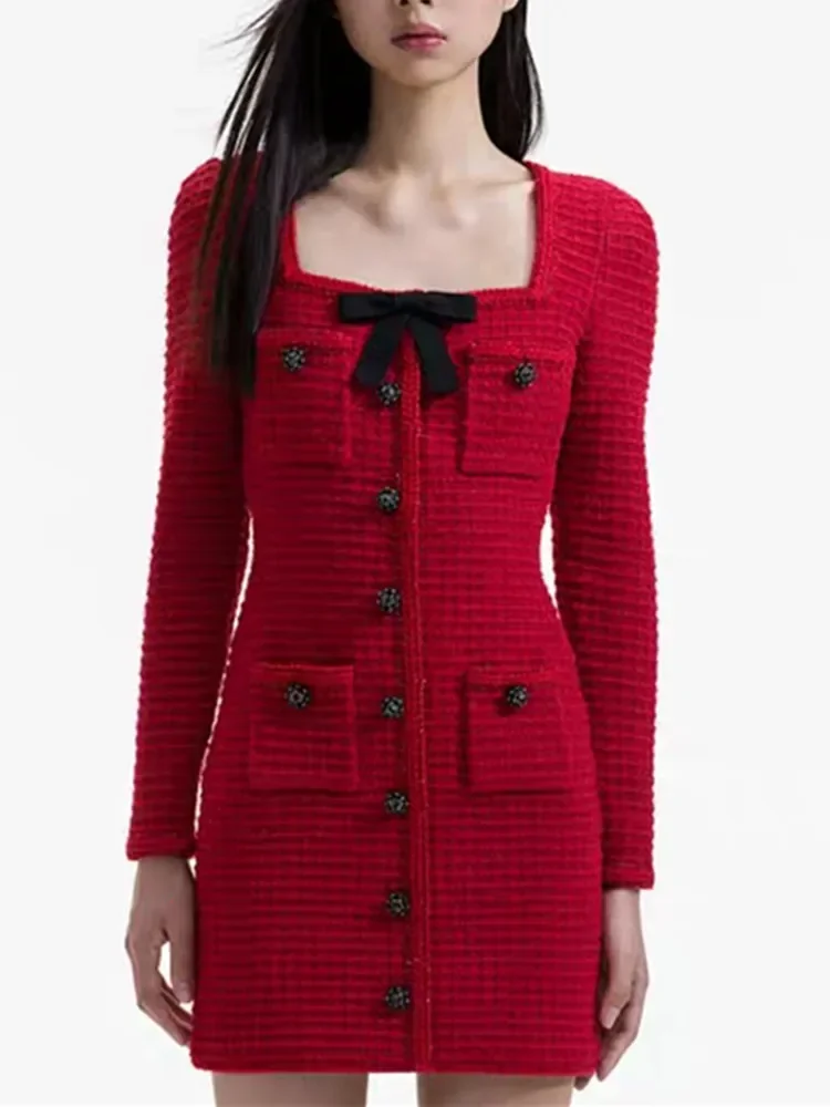 

Women Mini Dress Square Collar Bow OL Slim 2024 Spring New Single Breasted Long Sleeve Short Robe