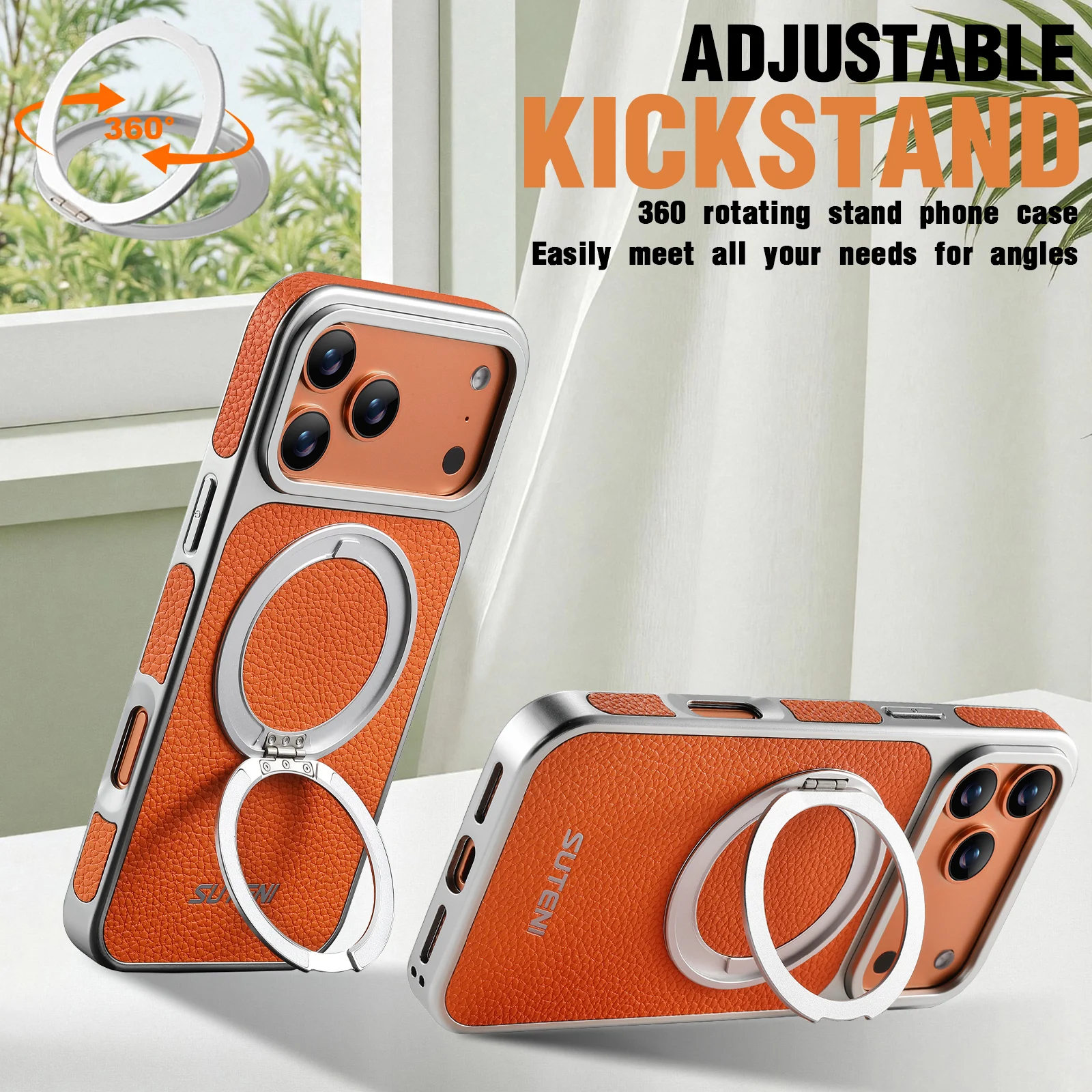 Sleek Leather Magnetic Phone Case with 360° Rotating Stand and Magsafe Wireless Charging Compatibility
