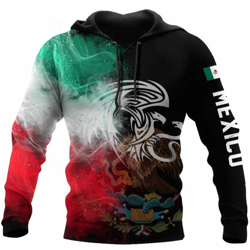 Sudadera con capucha con estampado 3D de la bandera de México y emblema nacional para hombre, sudadera de manga larga con estampado mexicano azteca, ropa de calle