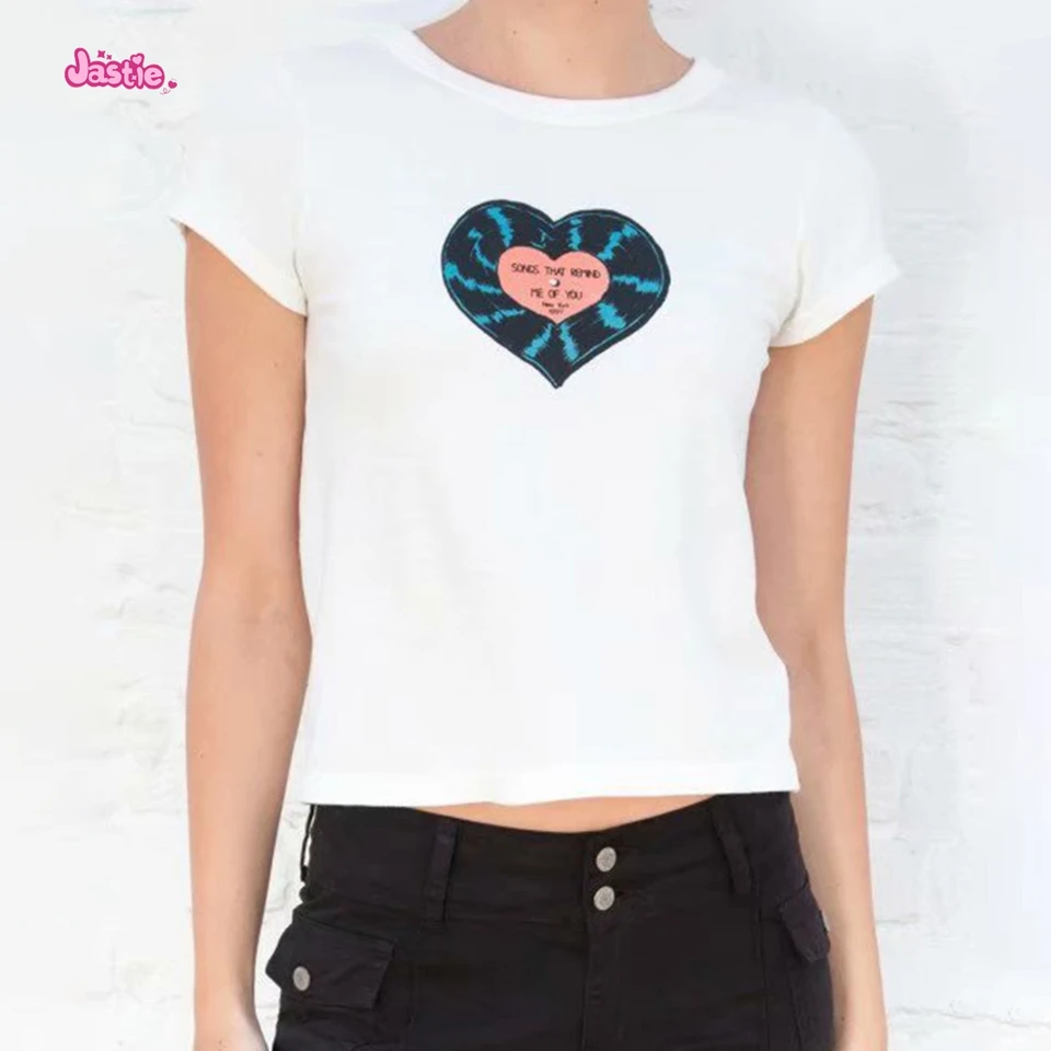 【CPGN STUDIO】24SS★ Rough Heart Crop Short Sleeve Tee Chic Heart Graphic Tee Shirt Women Summer Round Neck Short