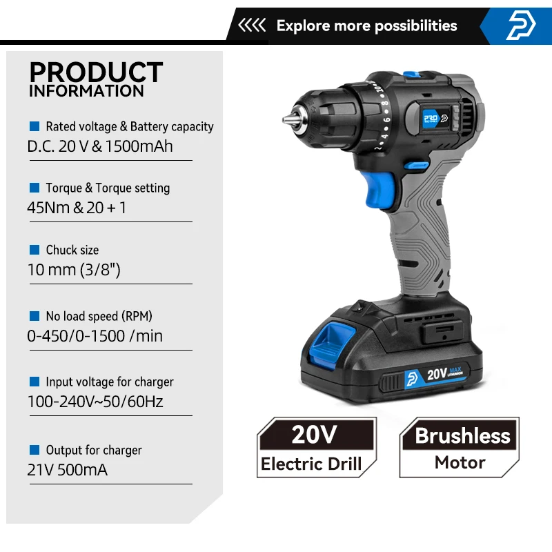 PROSTORMER 브러시리스 전기 드릴, 무선 드릴 미니 드라이버, 전동 공구 수리 스크루 드라이버, 20V 45NM 비트, 5 개