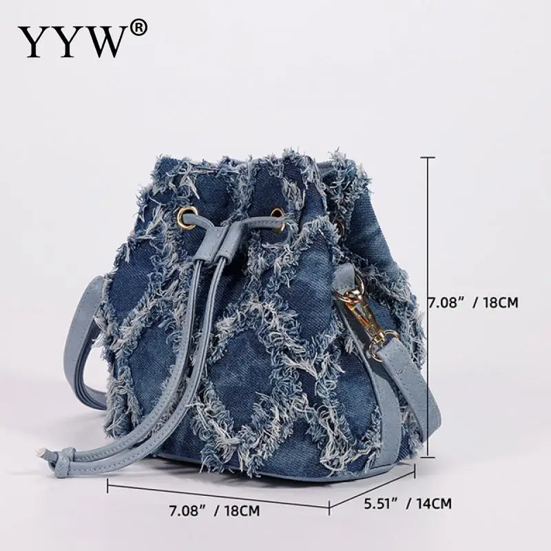 Casual New Fashion Tassel Handbag Bucket Bag Quality Retro Design Denim Bag For Women Denim Clutch Chain Shoulder Crossbody Bag
