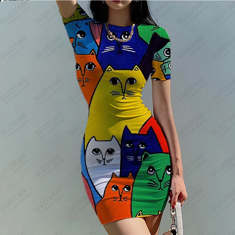 

2023 New 3D Printed Women's Harajuku Tight Short Fashion Short Sleeve Dress Popular in Europe and America Spicy Girls Plus Size