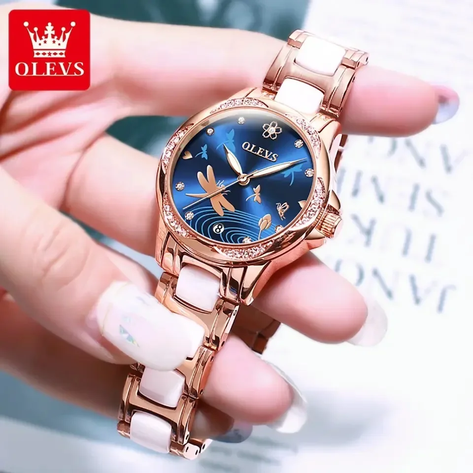 OLEVS Automatic Watches for Women Calendar Dial Ceramic Strap Waterproof Luminous Fashion Women's Mechanical Wrist Watch Reloj