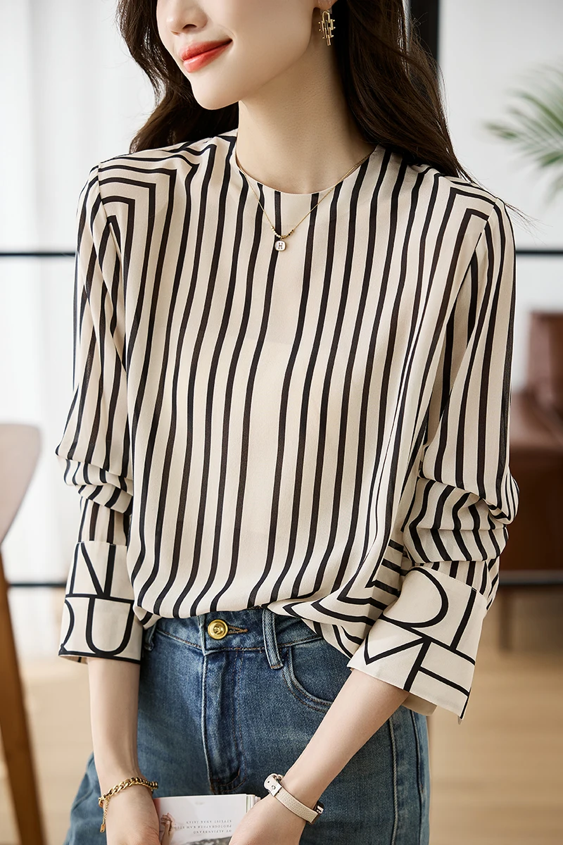 2024 Spring Womens Tops And Blouses Fashion Casual Lady Striped Shirts Blusas Mujer Long Sleeve Elegant Silk Shirt Commuter Tops
