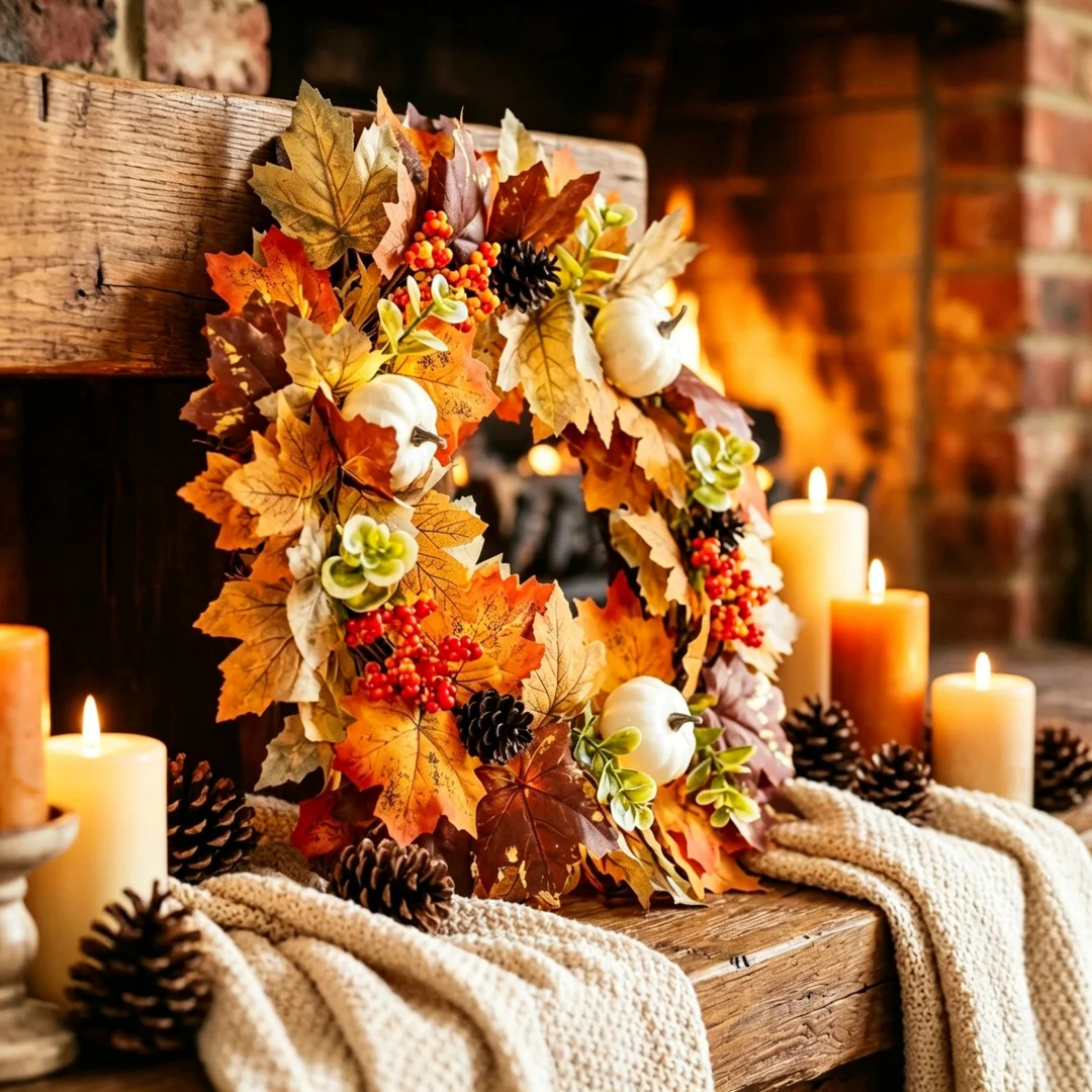 45CM Fall Pumpkin Wreath with Maple Leaves Berries Autumn Front Door Decor Thanksgiving Halloween Christmas Home Outdoor Wreath 3