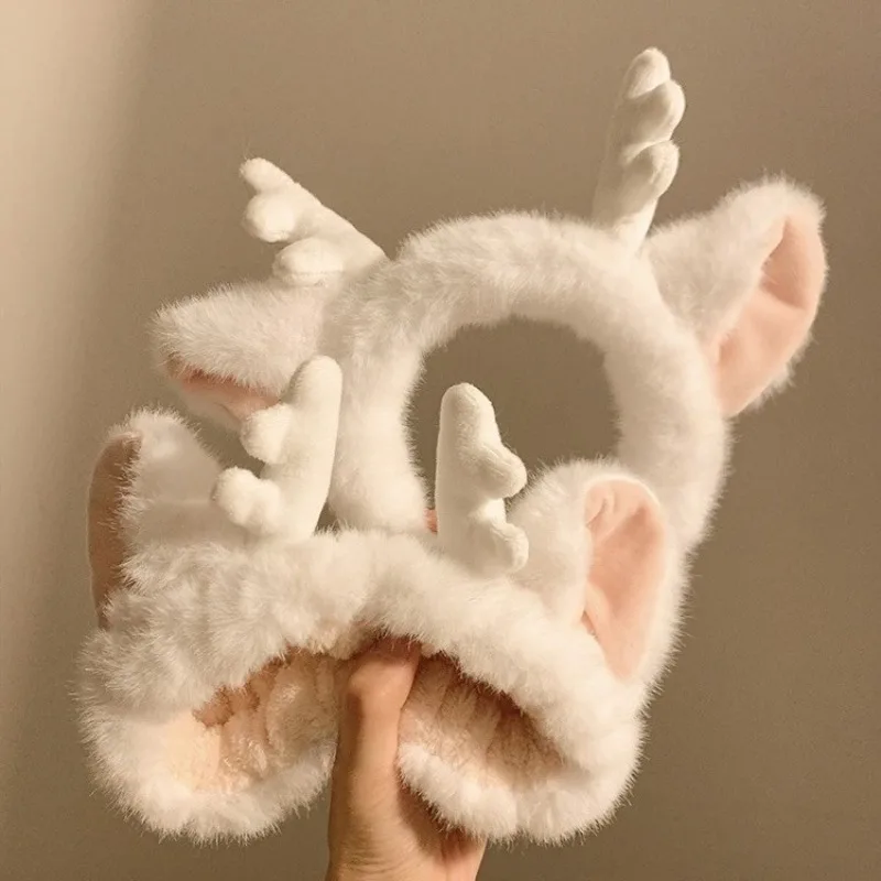 Plush Dragon Horn Headband-Marshmallow Color Cartoon Elf Ears Hair Band for Spa&Costume Party, Stretchy Wide-Band for Women/Kids