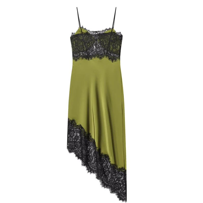 HXAO Braunes Spitzenkleid für Damen, Sommer, asymmetrisches Satin-Abendkleid, sexy rückenfreies grünes Slip-Kleid, ärmellose Partykleider – Detail 9