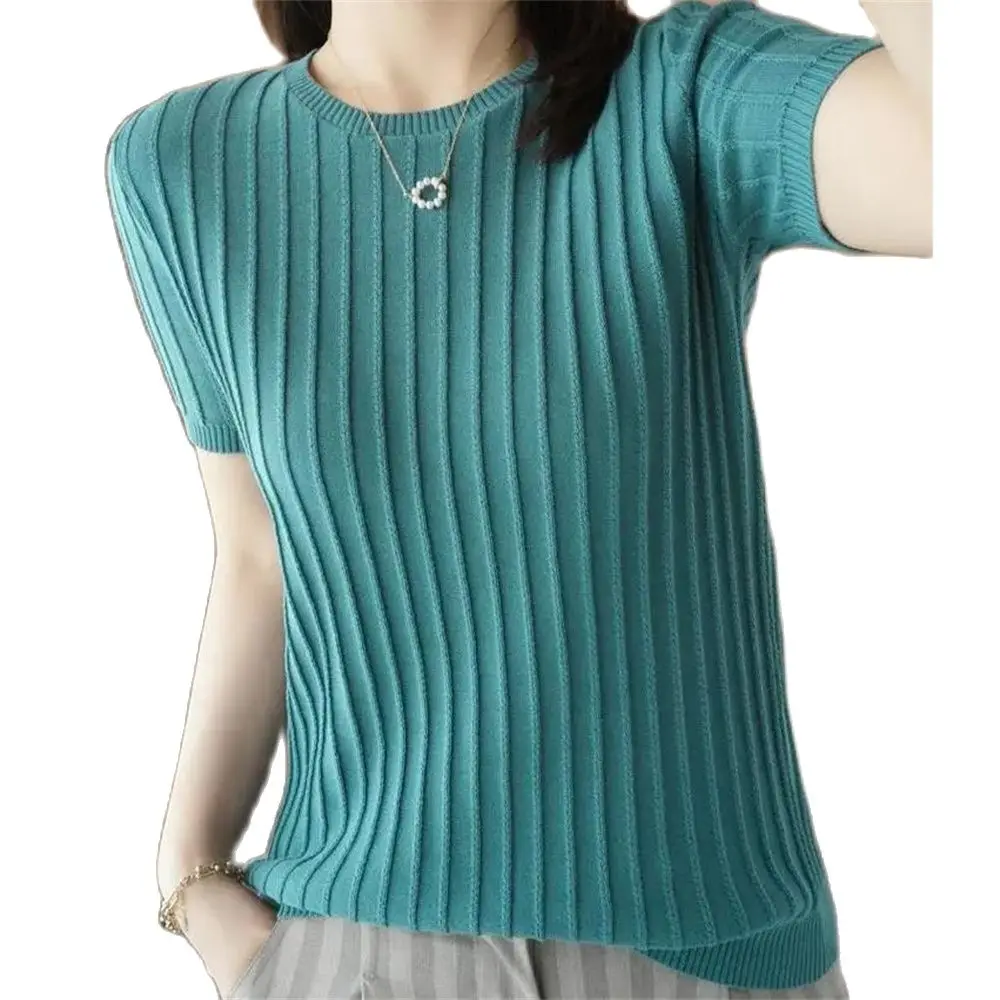 

Women's Basic Knitted Ribbed Sweater Slim Short Sleeve Bodycon Knitting T-shirt Solid Thin Summer Pullover Female Tops 2024