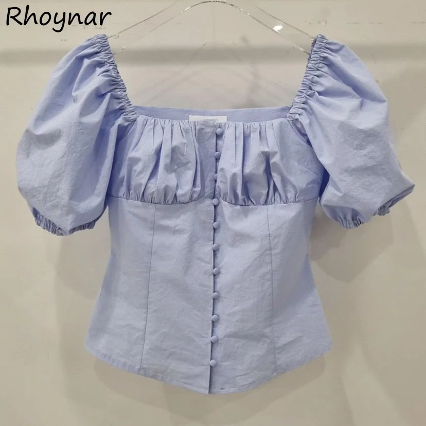 

Summer Shirts Women Slim French Style Buttons Design Sweet Simple Puff Sleeve Graceful Office Lady Tender Chic Aesthetic Tops