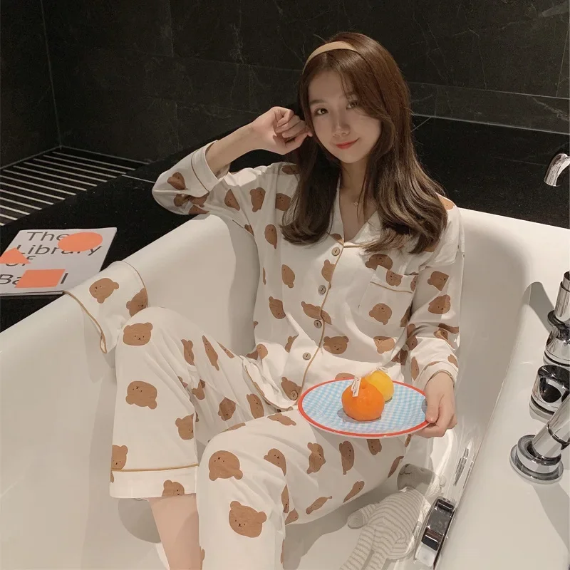 Cartoon Bear Pajamas Set Spring New Arrivals Loose Lovely Sleepwear Soft Comfort Kawaii Homewear Leisure Couple Two Piece Sets