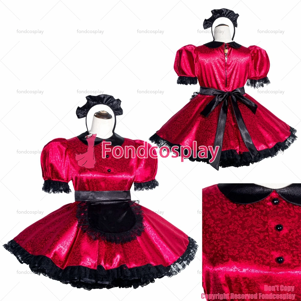 

fondcosplay adult sexy cross dressing sissy maid short French Lockable Red Satin Dress Uniform Costume CD/TV[G4000]