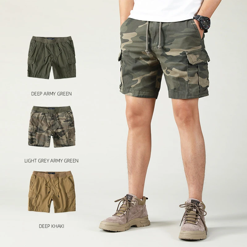 Men Summer Cargo Shorts Pants Elastic Waist Camouflage Shorts Multi-Pockets Casaul Straight Cut Drawstring Trendy Beach Shorts 2