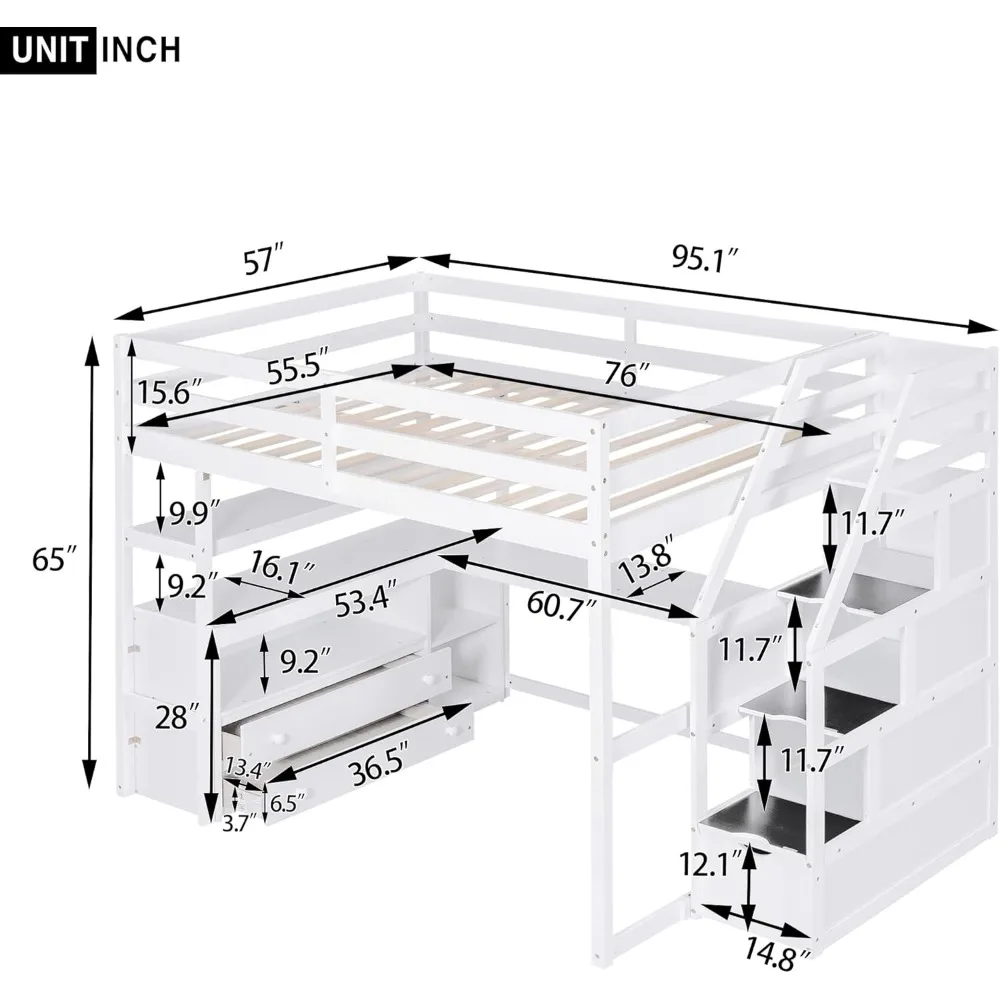 Full-size loft bed frame with stairs and desk, suitable for children, teens and adults - white 2