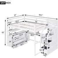 Full-size loft bed frame with stairs and desk, suitable for children, teens and adults - white 2