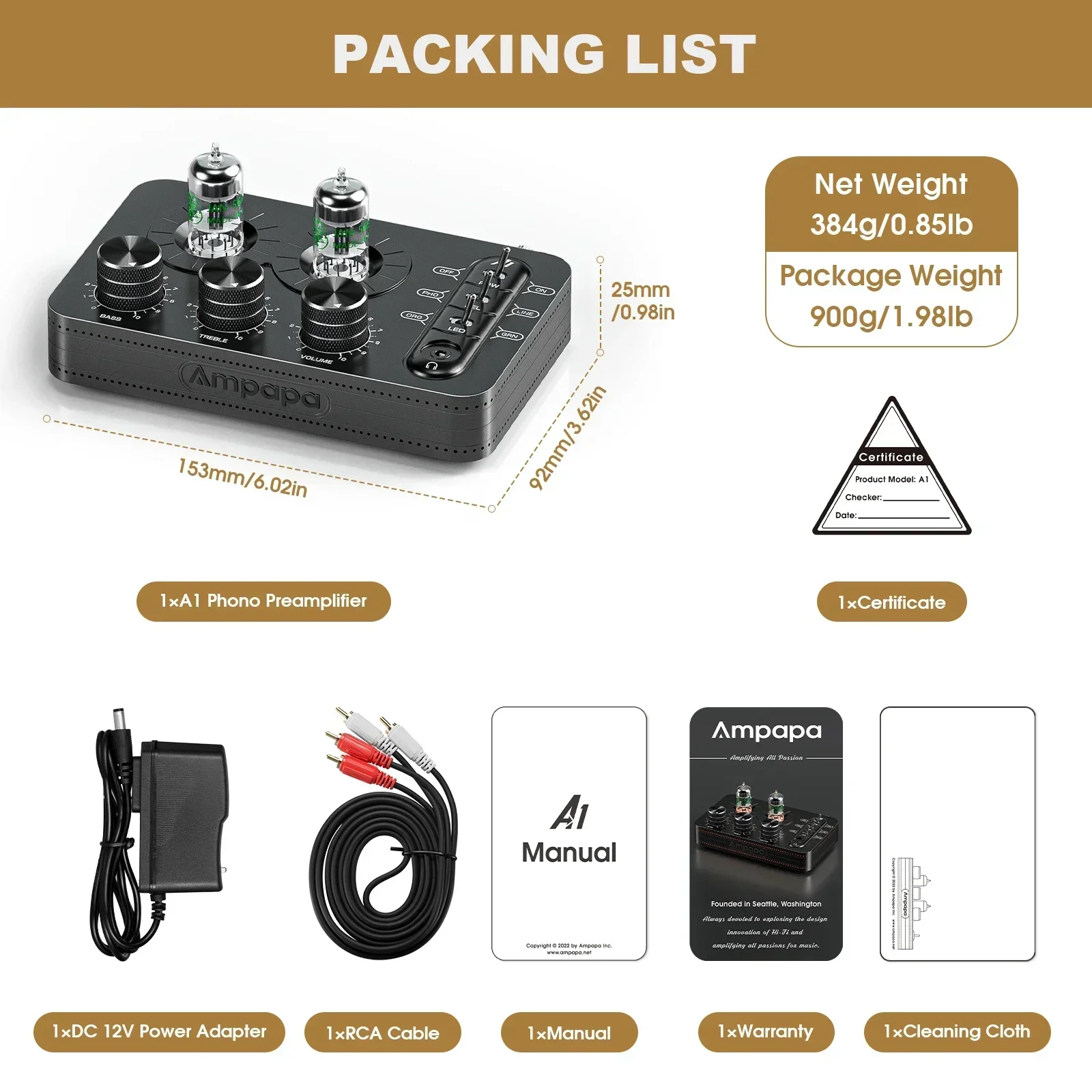 Ampapa-A1 HIFI GE5654 진공관 포노 프리 앰프, 턴테이블 스테레오 밸브 오디오 프리앰프 헤드폰 앰프, 톤 컨트롤 포함