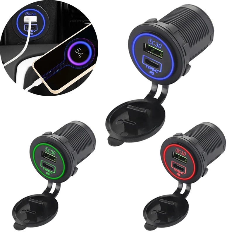 Car Charger Socket Fast Charging 3.0 USB Power Outlet TypeC Dual Port