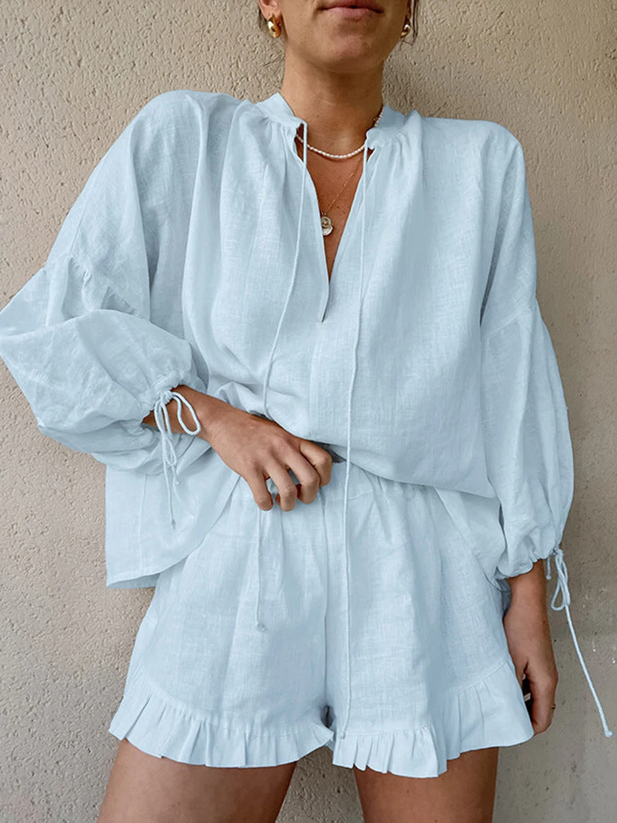 Casual Women s Summer Outfit Stylish Long Sleeve V-Neck Top with Tie-Up Detail and Elastic Waist Shorts Set for a Chic Look 6