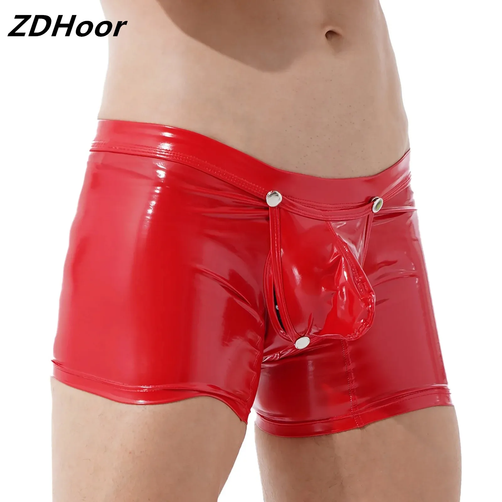 

Men Sexy Lingerie Underwear Wet Look Patent Leather Low Rise Boxer Briefs Open Butt Removable Bulge Pouch Shorts Underpant