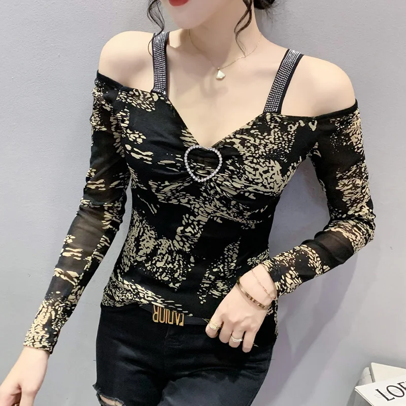 #8027 Spring Summer Diamonds Off Shoulder T Shirt Women Thin Sexy Mesh Tee Korean Style Short Tshirt Long Sleeve Tight Tee Femme