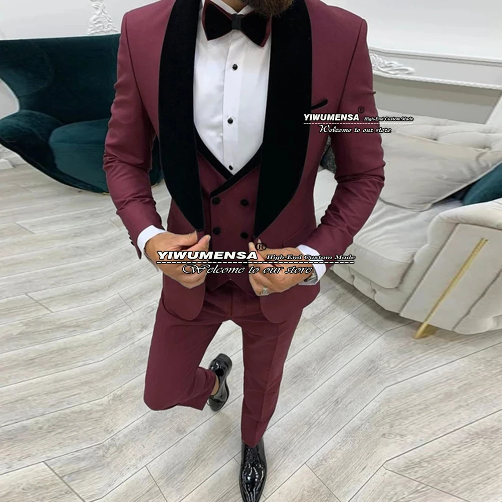 

Burgundy/Red/Green Mens Suits Black Velvet Lapel Jacket+Vest+Pants Slim Fit Formal Business Wedding Tuxedo Grooms Blazer 2022