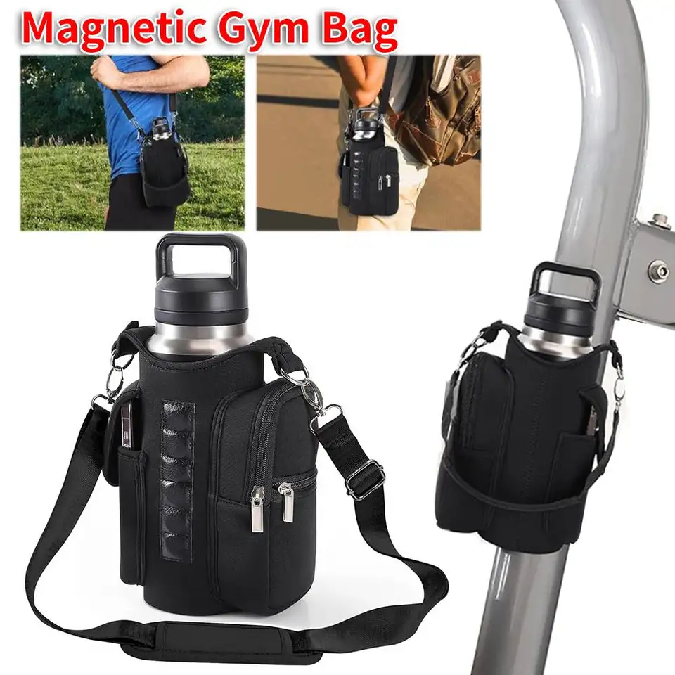 Magnetic Water Bottle Holder With Strap - Fits 18-40oz Bottles, 6 Magnets, Phone Pockets, Gym & Outdoor Use